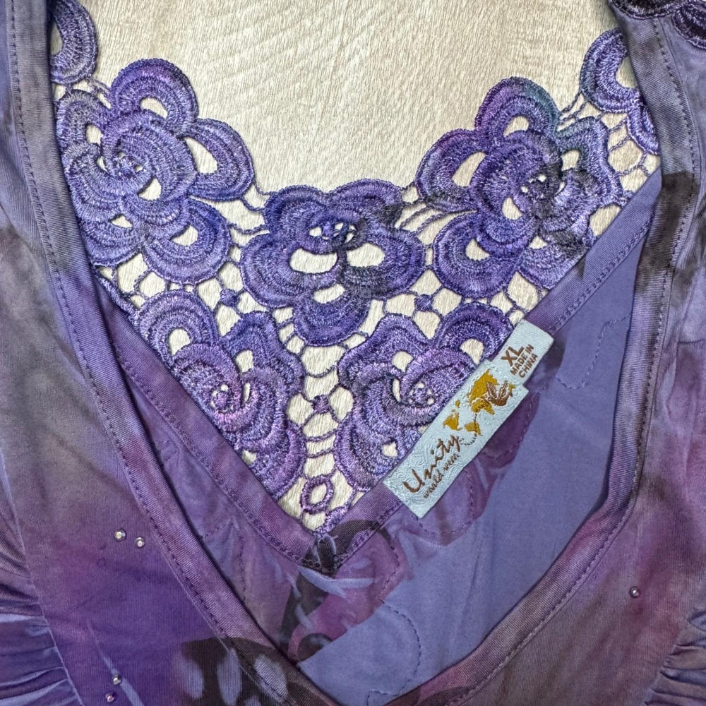 Unity World Wear Purple Floral Lace Rhinestone Fairycore Tunic Top XL - Picture 2 of 8